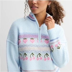 Juniors' Sugar Moon Long Sleeve Quarter Zip Strawberry And Cherry Sweater
